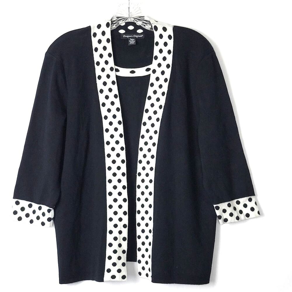 Designers Originals Petite PXL Black‎ White Polka Dot Trim Cardigan Sweater